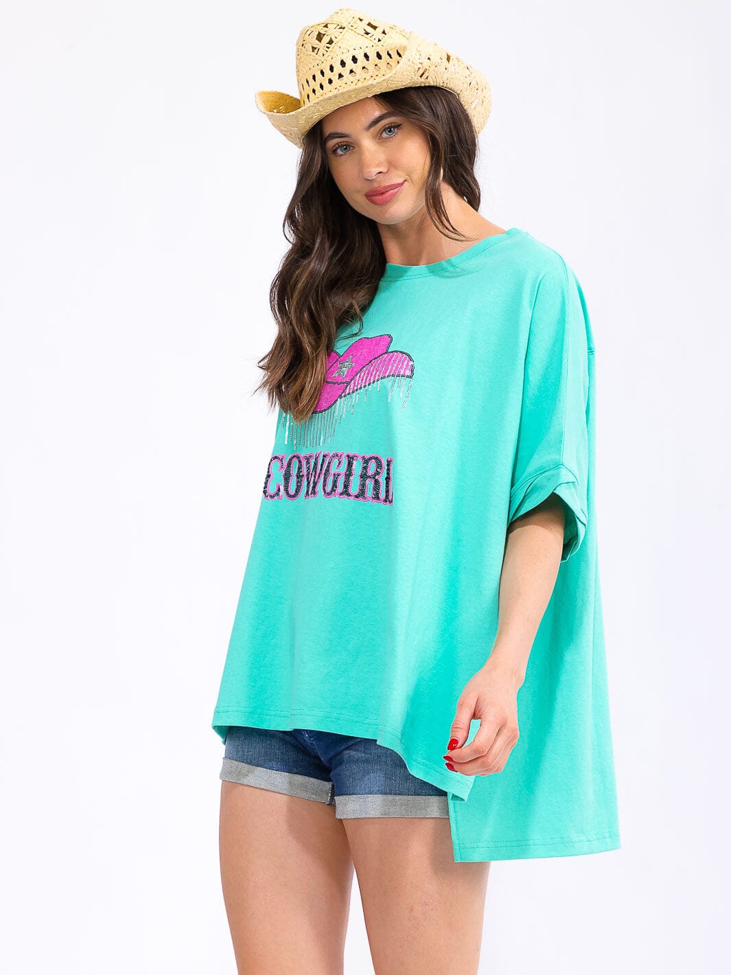 WOMEN'S SHORT SLEEVE LOOSE FIT HIGH-LOW GRAPHIC TOP