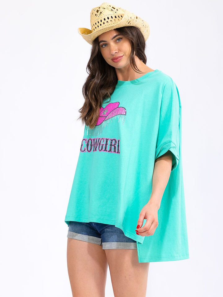 WOMEN'S SHORT SLEEVE LOOSE FIT HIGH-LOW GRAPHIC TOP
