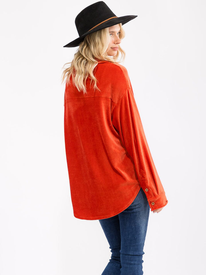 WOMEN'S LONG SLEEVE FRONT POCKET BUTTON UP OVERSIED CORDUROY TOP