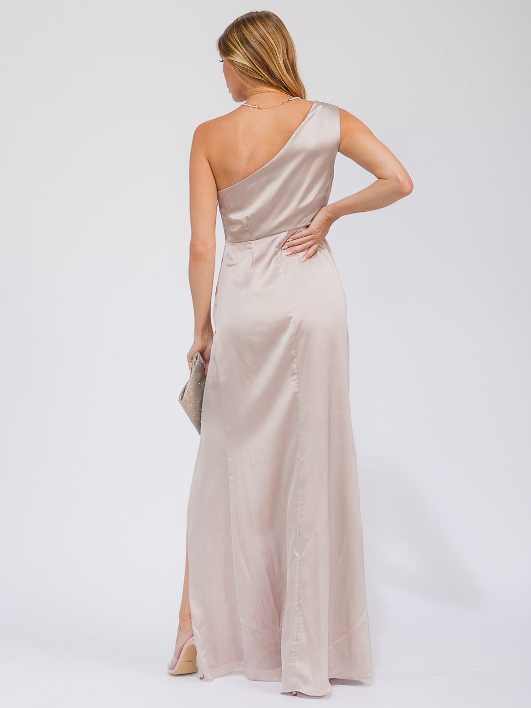 WOMEN'S SLEEVELESS ONE SHOULDER SURPLICE FRONT SLIT MAXI GOWN DRESS