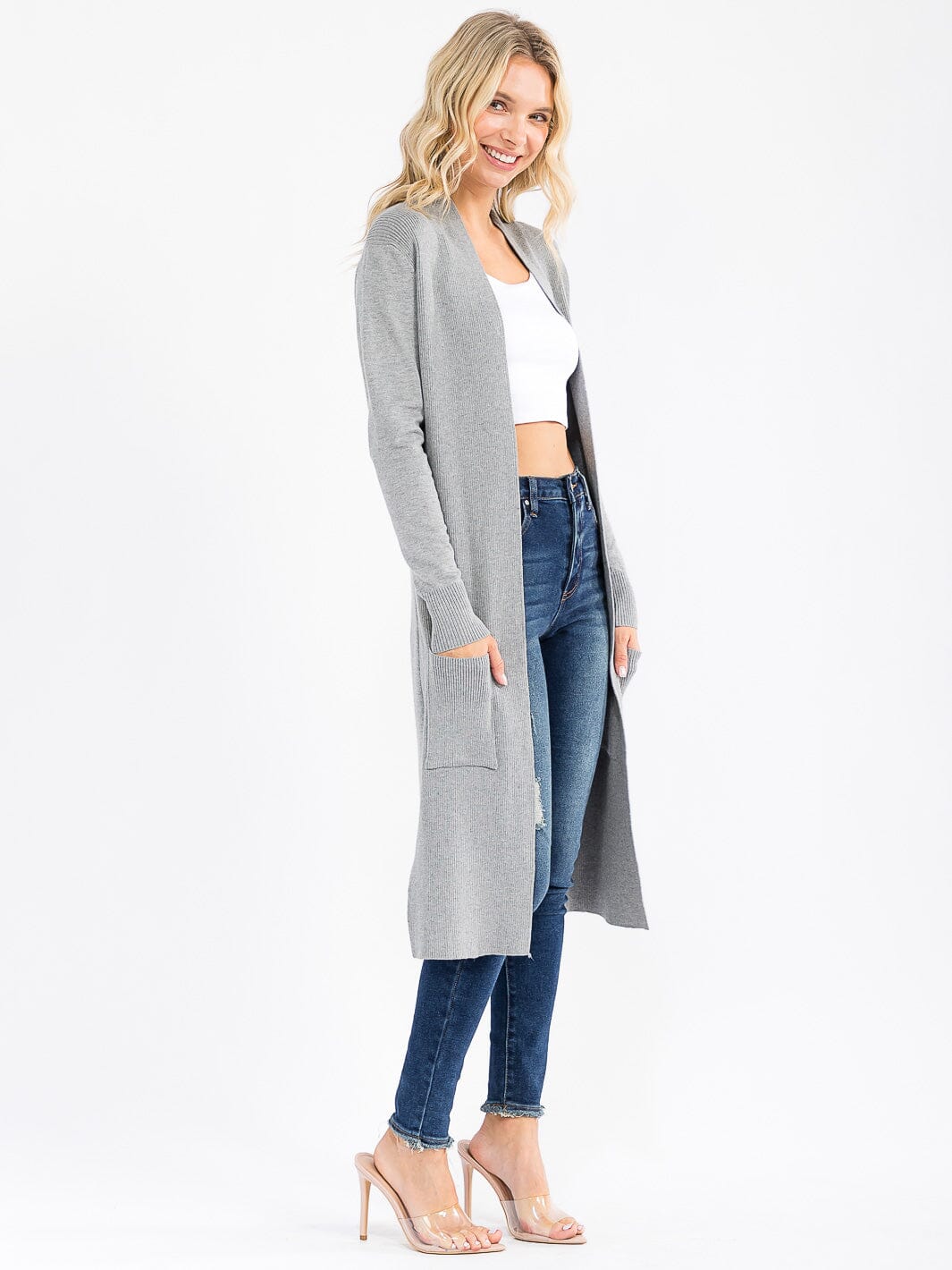 WOMEN'S LONG SLEEVE OPEN FRONT POCKETS CARDIGAN