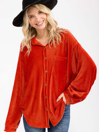 WOMEN'S LONG SLEEVE FRONT POCKET BUTTON UP OVERSIED CORDUROY TOP