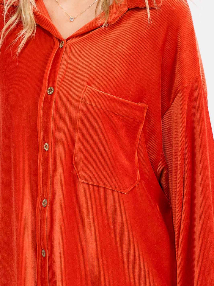 WOMEN'S LONG SLEEVE FRONT POCKET BUTTON UP OVERSIED CORDUROY TOP