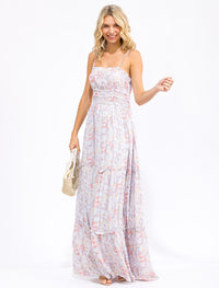 WOMEN'S SLEEVELESS ELASTIC WAIST FLORAL TIERED MAXI DRESS