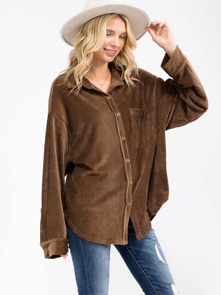 WOMEN'S LONG SLEEVE FRONT POCKET BUTTON UP OVERSIED CORDUROY TOP