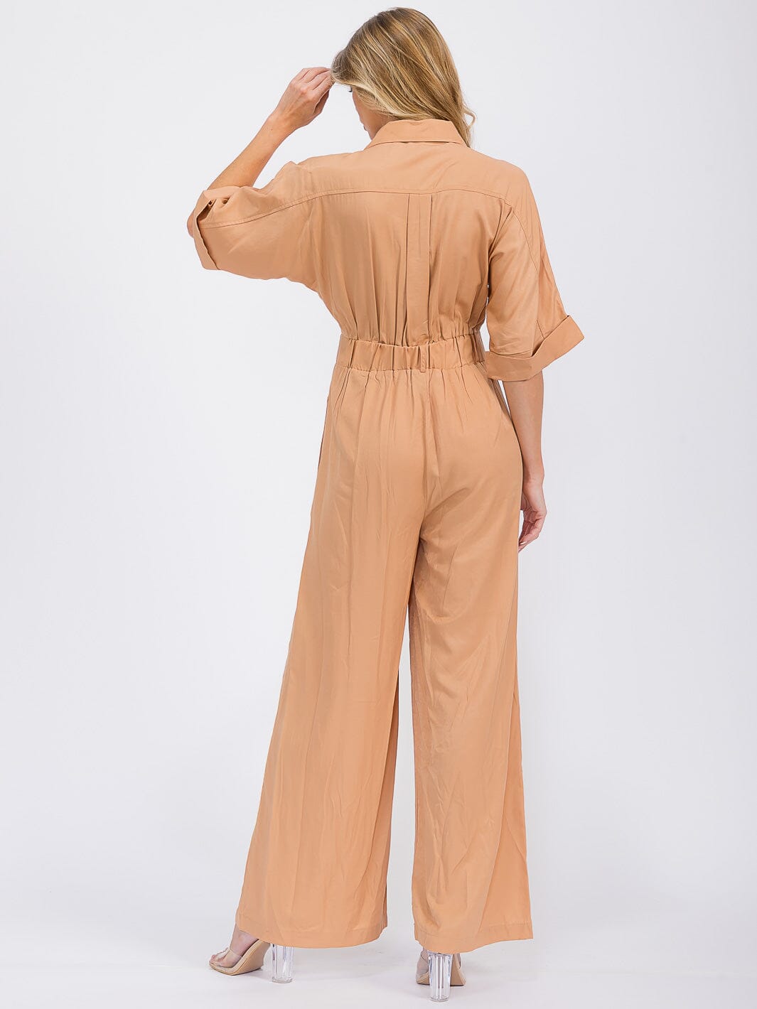 WOMEN'S SHORT SLEEVE BUTTON UP POCKETS WIDE LEG JUMPSUIT