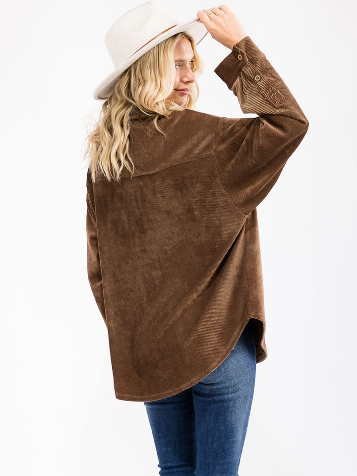 WOMEN'S LONG SLEEVE FRONT POCKET BUTTON UP OVERSIED CORDUROY TOP