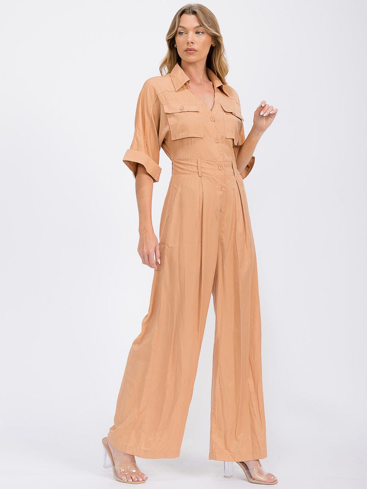 WOMEN'S SHORT SLEEVE BUTTON UP POCKETS WIDE LEG JUMPSUIT