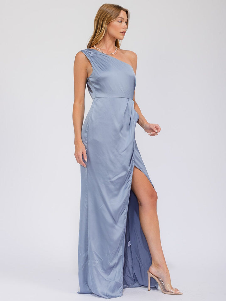 WOMEN'S SLEEVELESS ONE SHOULDER SURPLICE FRONT SLIT MAXI GOWN DRESS