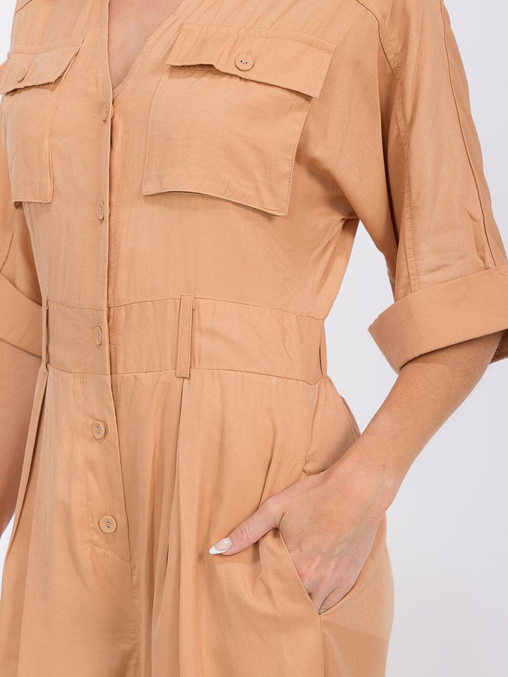 WOMEN'S SHORT SLEEVE BUTTON UP POCKETS WIDE LEG JUMPSUIT