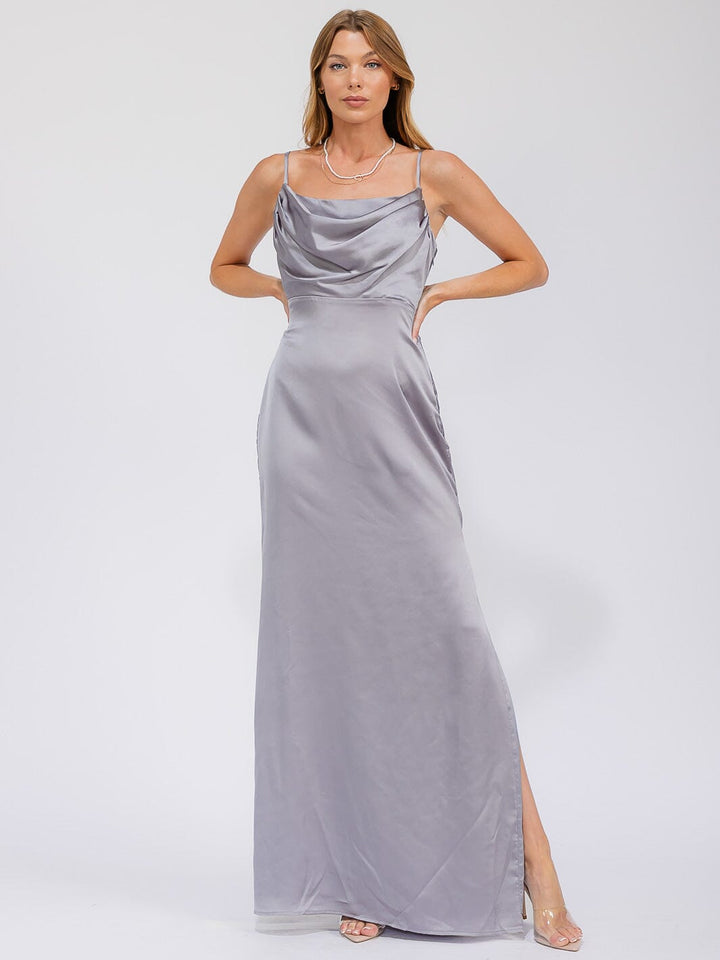 WOMEN'S SLEEVELESS COWL NECK SIDE SLIT MAXI GOWN DRESS