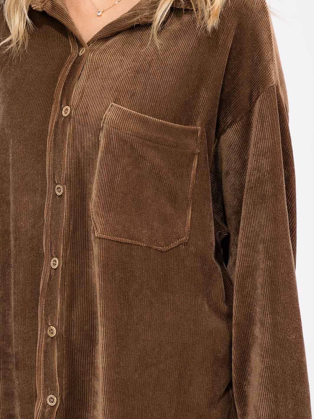 WOMEN'S LONG SLEEVE FRONT POCKET BUTTON UP OVERSIED CORDUROY TOP