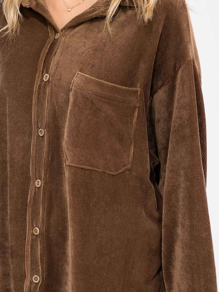 WOMEN'S LONG SLEEVE FRONT POCKET BUTTON UP OVERSIED CORDUROY TOP