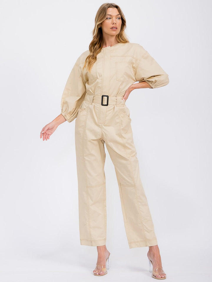 WOMEN'S 3/4 SLEEVES ZIP UP BELTED POCKETS WIDE LEG JUMPSUIT