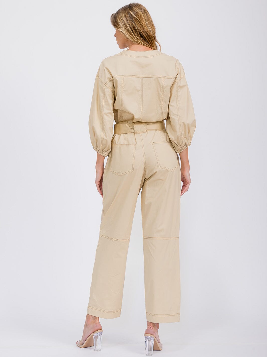 WOMEN'S 3/4 SLEEVES ZIP UP BELTED POCKETS WIDE LEG JUMPSUIT