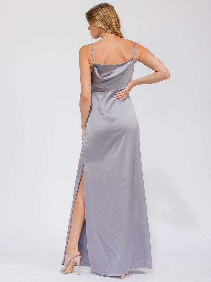 WOMEN'S SLEEVELESS COWL NECK SIDE SLIT MAXI GOWN DRESS
