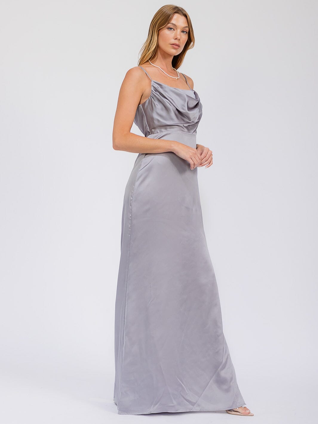 WOMEN'S SLEEVELESS COWL NECK SIDE SLIT MAXI GOWN DRESS