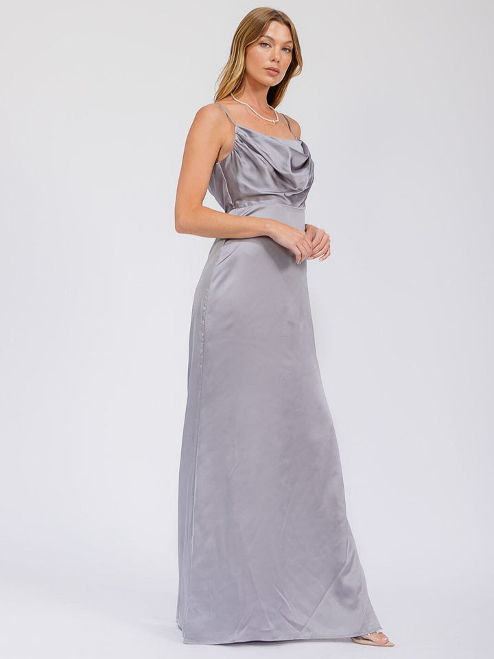 WOMEN'S SLEEVELESS COWL NECK SIDE SLIT MAXI GOWN DRESS