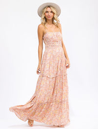 WOMEN'S SLEEVELESS ELASTIC WAIST FLORAL TIERED MAXI DRESS