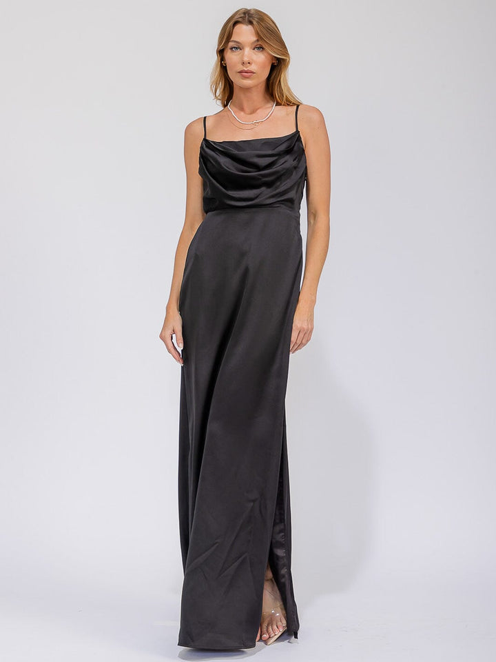WOMEN'S SLEEVELESS COWL NECK SIDE SLIT MAXI GOWN DRESS
