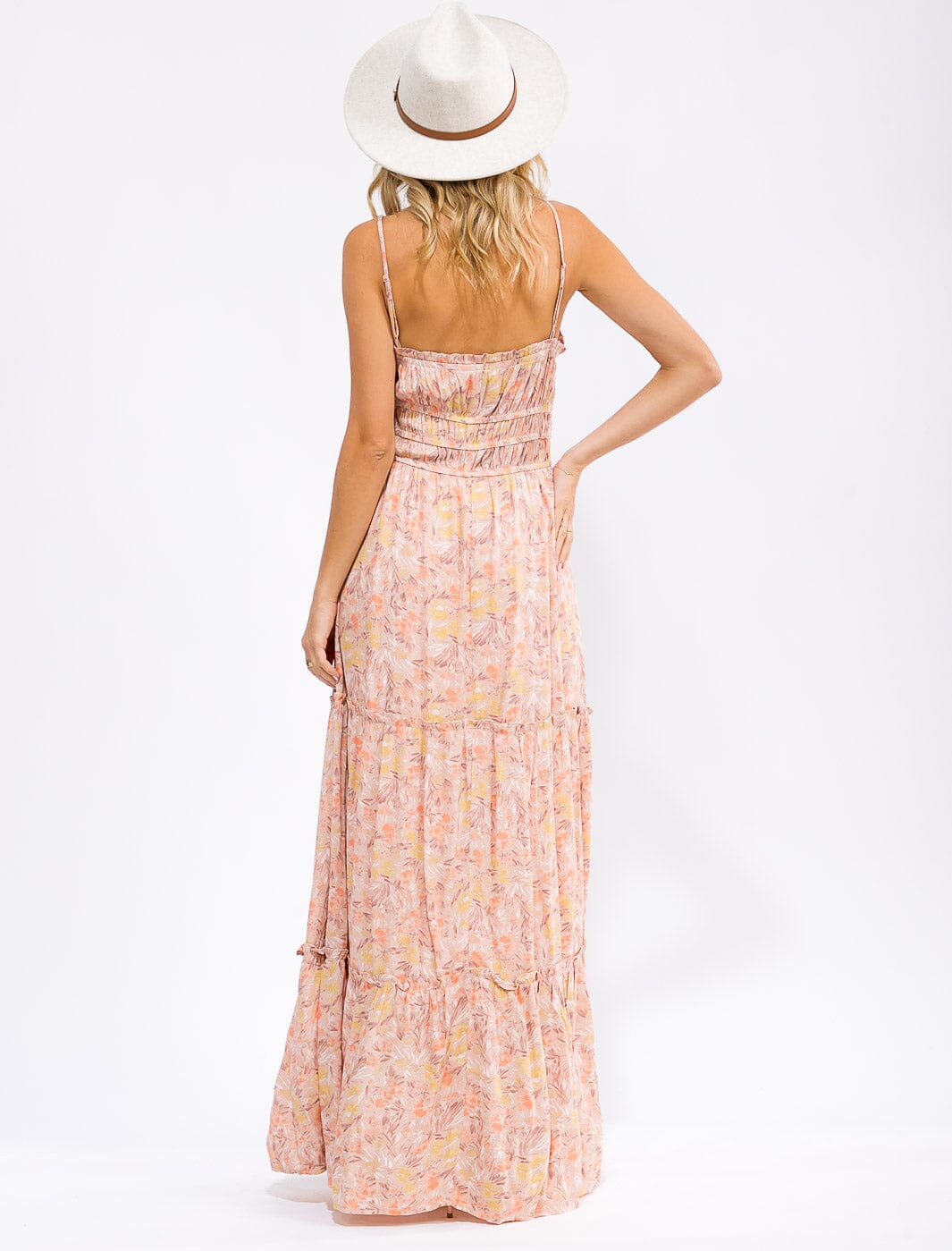 WOMEN'S SLEEVELESS ELASTIC WAIST FLORAL TIERED MAXI DRESS