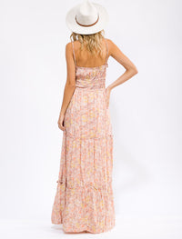 WOMEN'S SLEEVELESS ELASTIC WAIST FLORAL TIERED MAXI DRESS