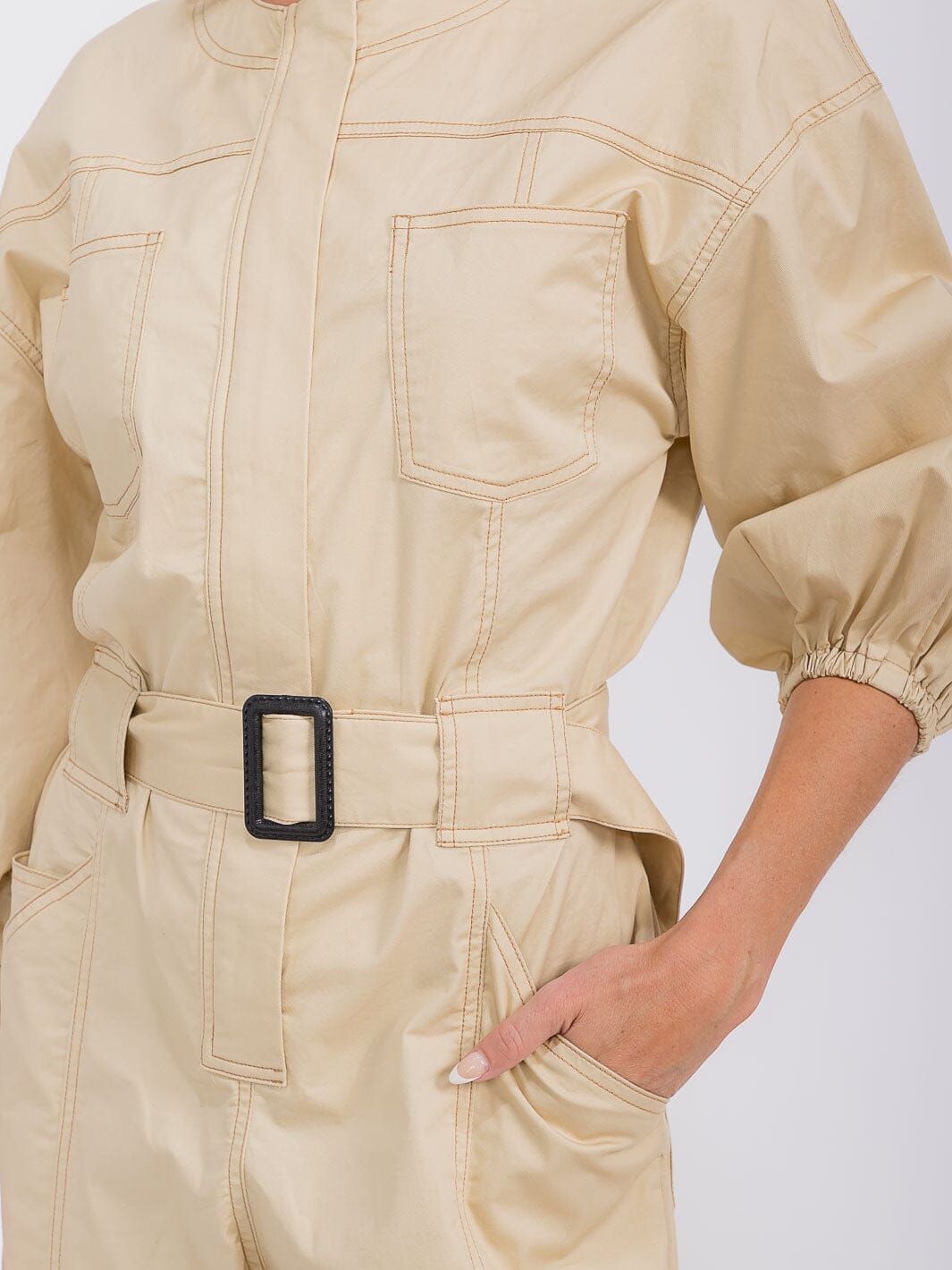 WOMEN'S 3/4 SLEEVES ZIP UP BELTED POCKETS WIDE LEG JUMPSUIT