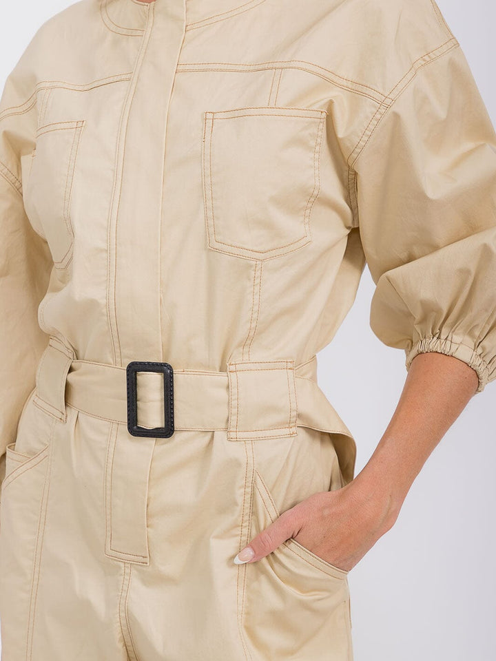 WOMEN'S 3/4 SLEEVES ZIP UP BELTED POCKETS WIDE LEG JUMPSUIT