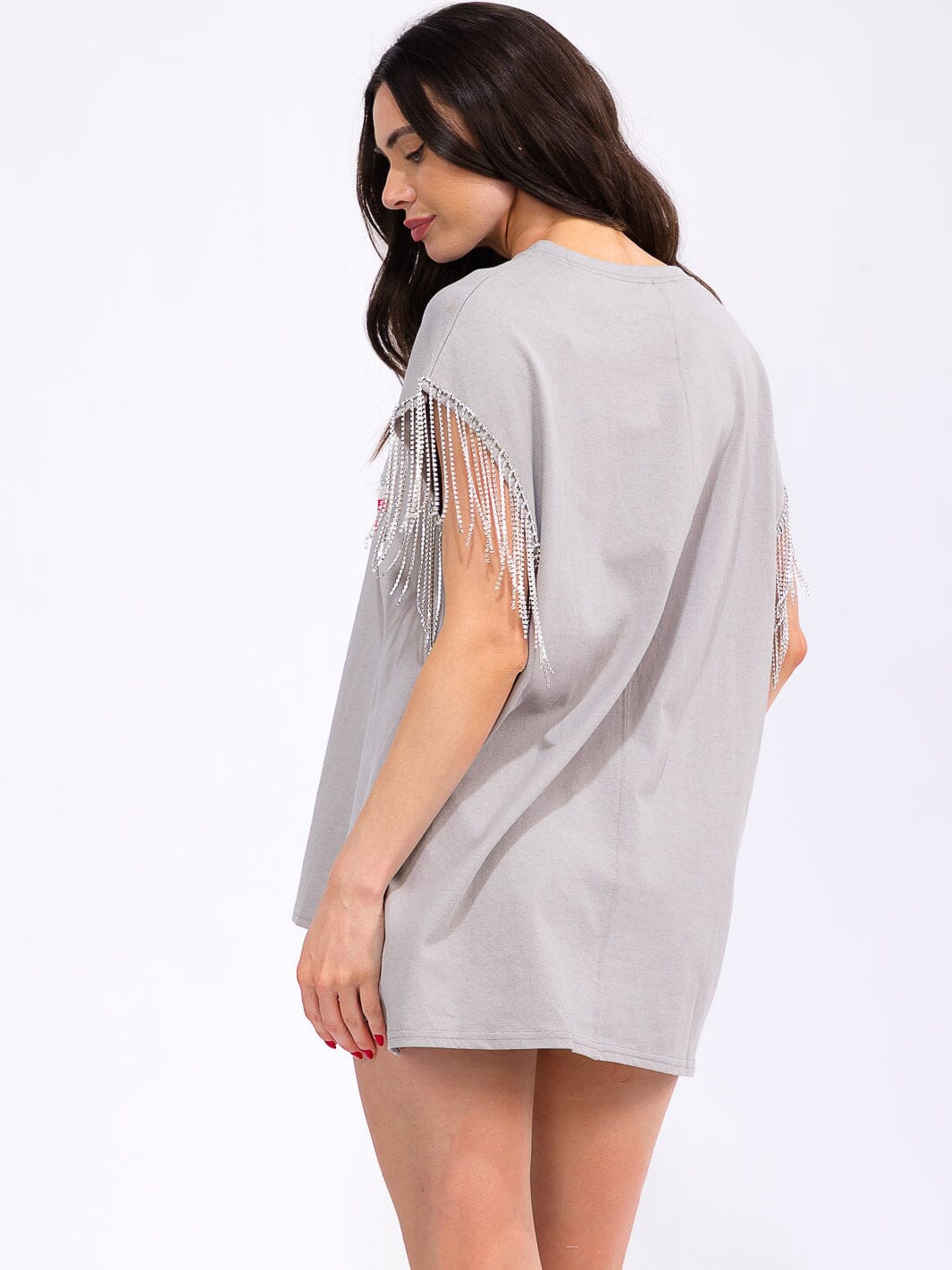 WOMEN'S FRINGE STUDS SLEEVE HIGH-LOW GRAPHIC TOP