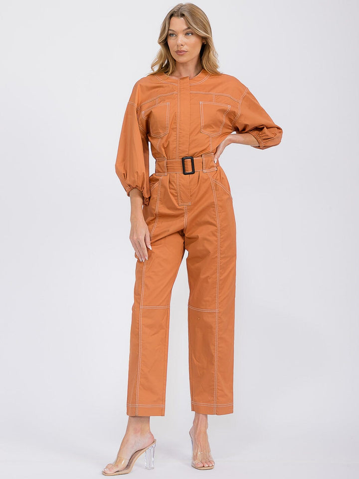WOMEN'S 3/4 SLEEVES ZIP UP BELTED POCKETS WIDE LEG JUMPSUIT