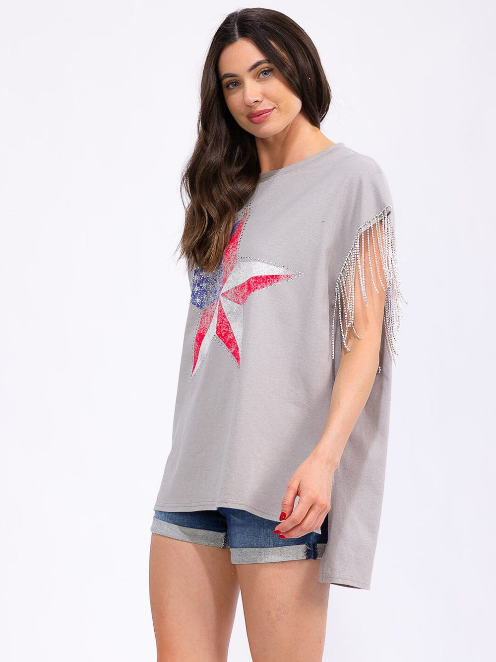 WOMEN'S FRINGE STUDS SLEEVE HIGH-LOW GRAPHIC TOP