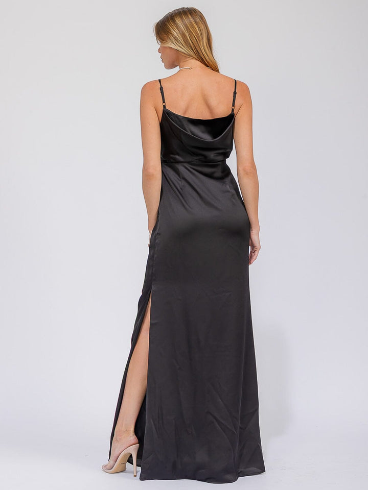 WOMEN'S SLEEVELESS COWL NECK SIDE SLIT MAXI GOWN DRESS
