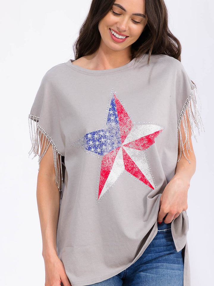 WOMEN'S FRINGE STUDS SLEEVE HIGH-LOW GRAPHIC TOP
