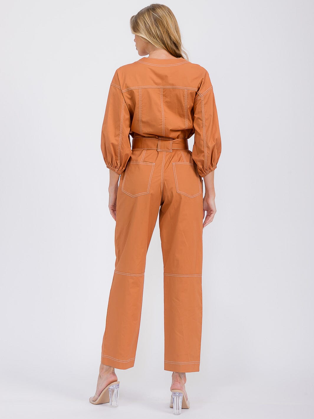 WOMEN'S 3/4 SLEEVES ZIP UP BELTED POCKETS WIDE LEG JUMPSUIT