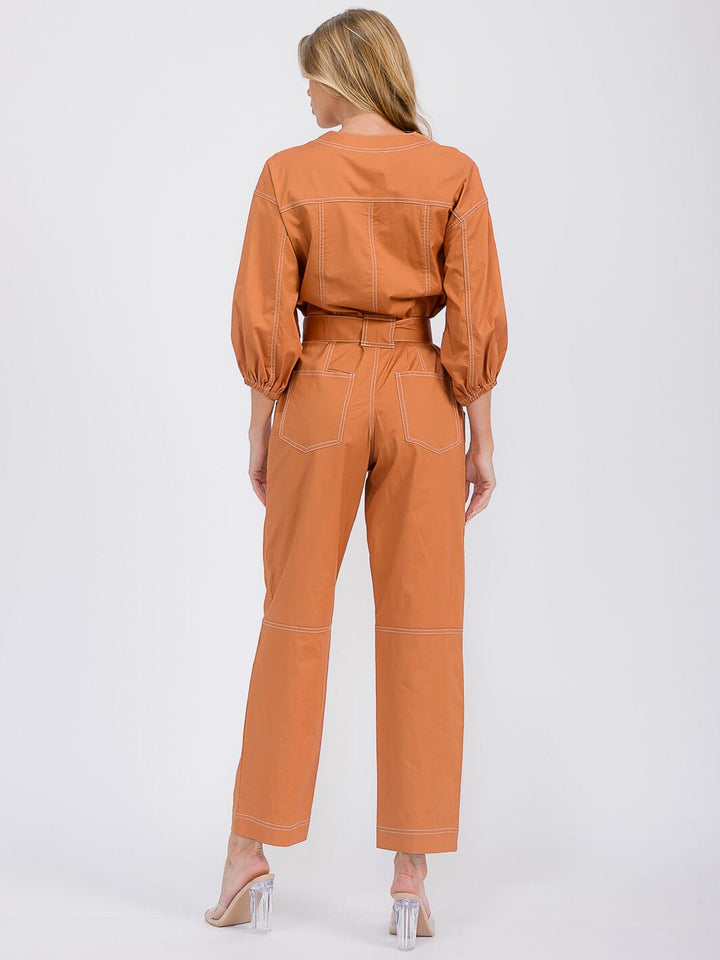 WOMEN'S 3/4 SLEEVES ZIP UP BELTED POCKETS WIDE LEG JUMPSUIT