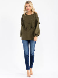 WOMEN'S LONG SLEEVE FRINGE DETAILED PULLOVER SWEATER