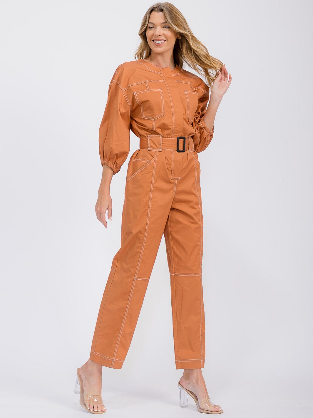 WOMEN'S 3/4 SLEEVES ZIP UP BELTED POCKETS WIDE LEG JUMPSUIT
