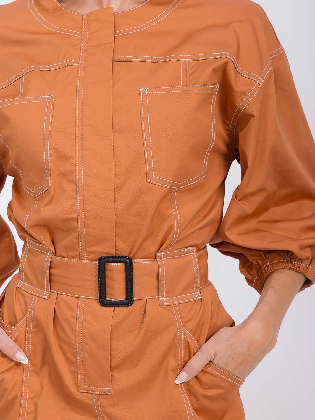 WOMEN'S 3/4 SLEEVES ZIP UP BELTED POCKETS WIDE LEG JUMPSUIT