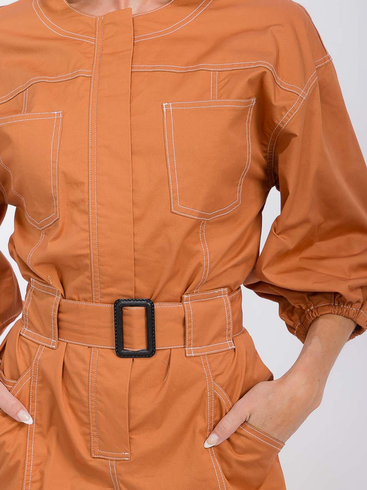 WOMEN'S 3/4 SLEEVES ZIP UP BELTED POCKETS WIDE LEG JUMPSUIT