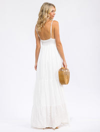 WOMEN'S SLEEVELESS V-NECK SMOCK OPEN BACK TIERED MAXI DRESS