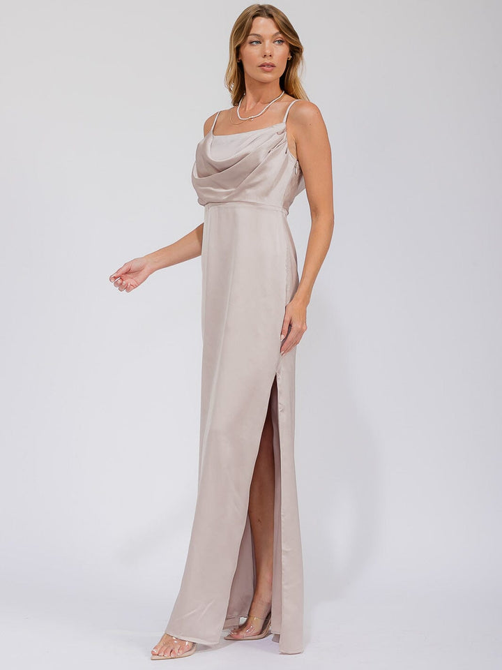 WOMEN'S SLEEVELESS COWL NECK SIDE SLIT MAXI GOWN DRESS