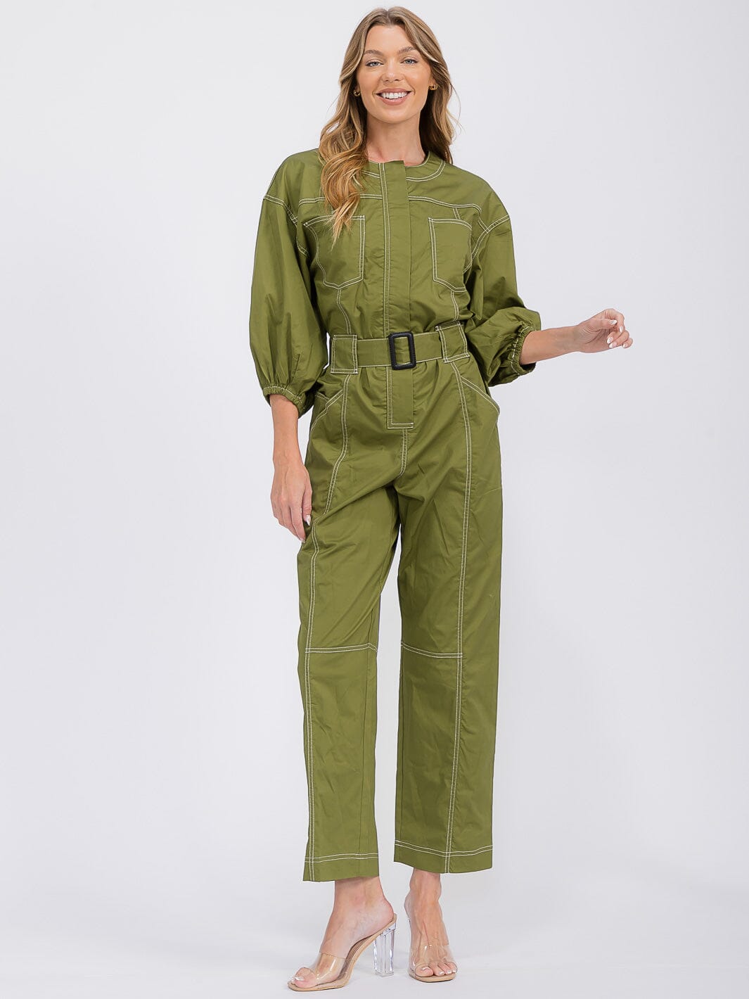 WOMEN'S 3/4 SLEEVES ZIP UP BELTED POCKETS WIDE LEG JUMPSUIT