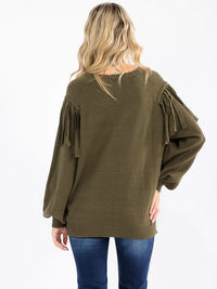 WOMEN'S LONG SLEEVE FRINGE DETAILED PULLOVER SWEATER
