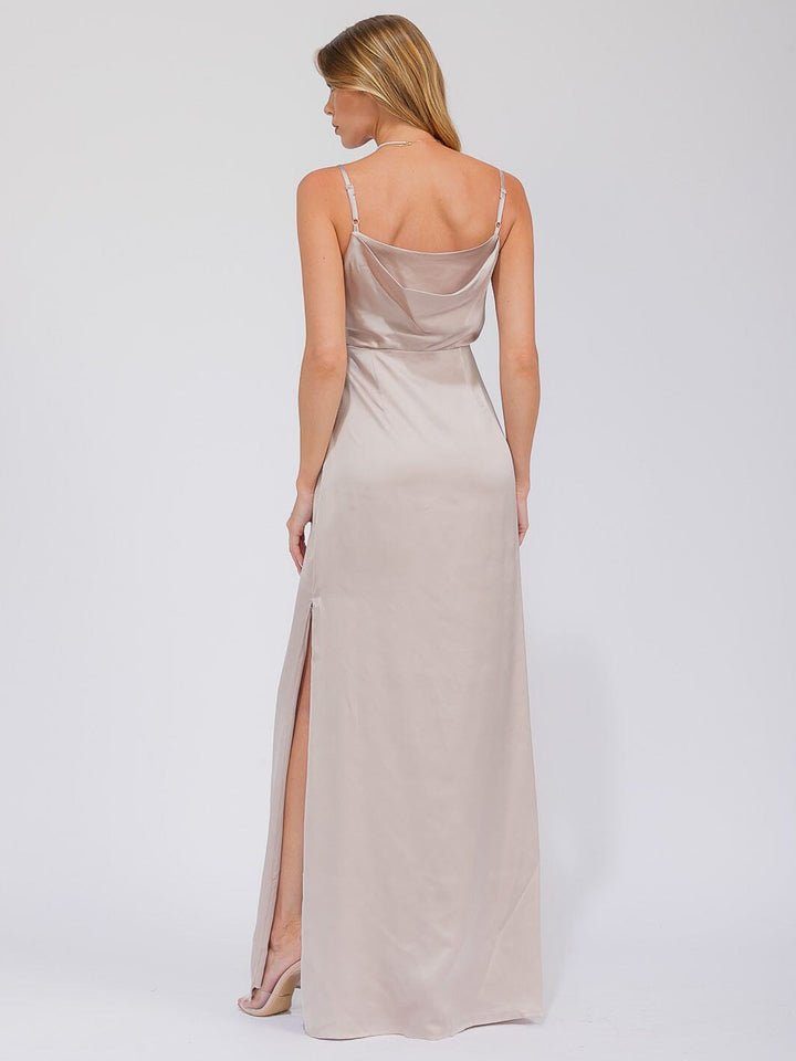 WOMEN'S SLEEVELESS COWL NECK SIDE SLIT MAXI GOWN DRESS