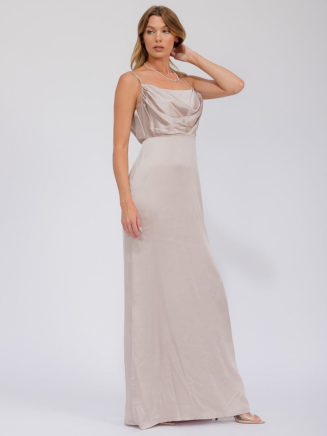 WOMEN'S SLEEVELESS COWL NECK SIDE SLIT MAXI GOWN DRESS