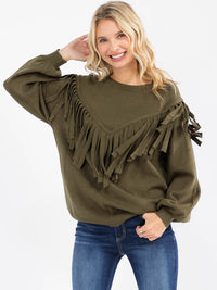 WOMEN'S LONG SLEEVE FRINGE DETAILED PULLOVER SWEATER