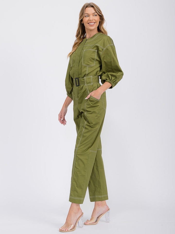 WOMEN'S 3/4 SLEEVES ZIP UP BELTED POCKETS WIDE LEG JUMPSUIT
