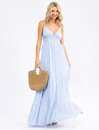 WOMEN'S SLEEVELESS V-NECK SMOCK OPEN BACK TIERED MAXI DRESS