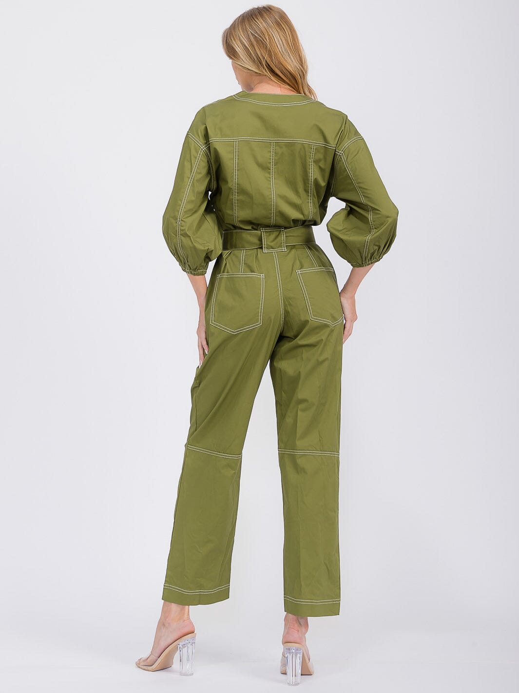 WOMEN'S 3/4 SLEEVES ZIP UP BELTED POCKETS WIDE LEG JUMPSUIT