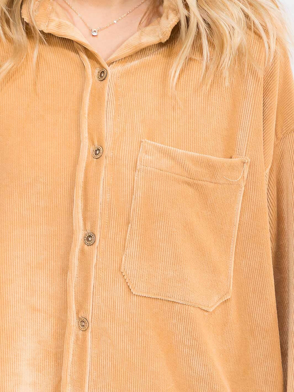 WOMEN'S LONG SLEEVE FRONT POCKET BUTTON UP OVERSIED CORDUROY TOP